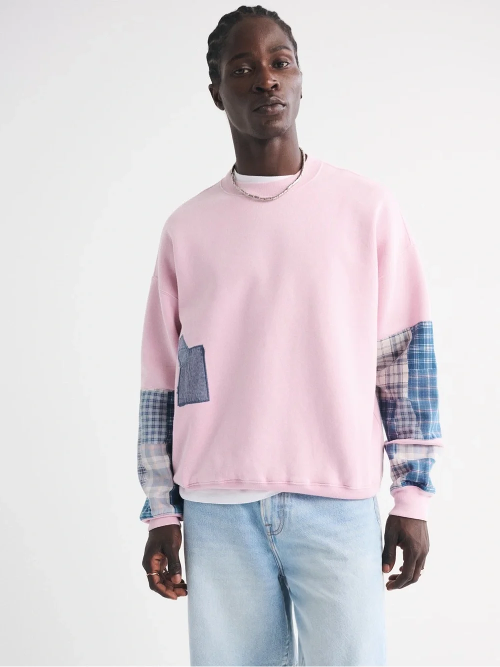 Abercrombie & Fitch Pink Soft Essential Crew Plaid Patchwork Sweatshirt